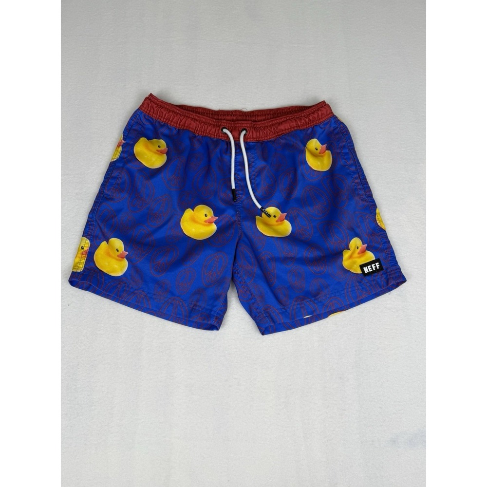 NEFF Rubber Duck Swim Board Shorts Trunks Mens Medium Blue Red Yellow Peace Sign